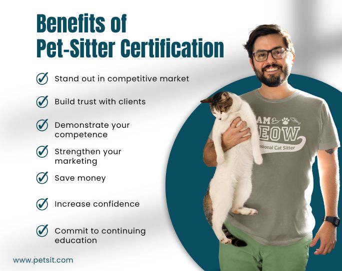 Benefits of Pet Sitter Certification Image includes list of benefits of pet sitter certification and features a picture of a man wearing cat sitter shirt holding a cat